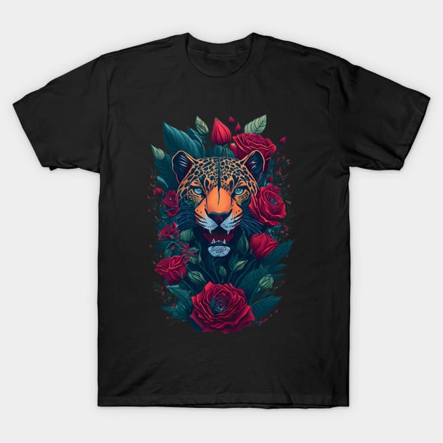 Panther Face with Roses T-Shirt by PlayfulPrints